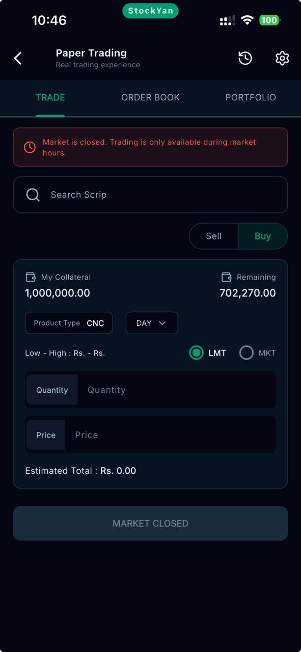 StockYan paper trading screen showing virtual portfolio and performance